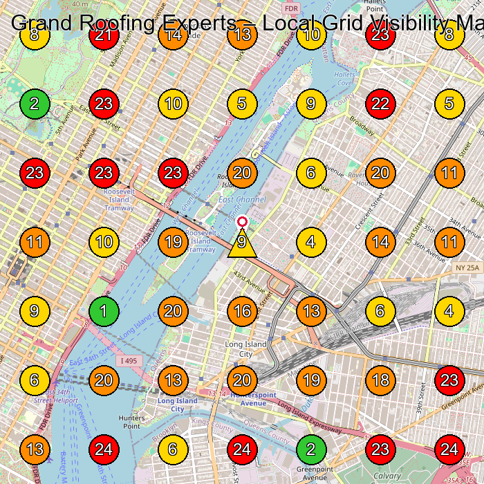 Grand Roofing Experts Roofing Contractor GeoGrid ranking map for New York NY